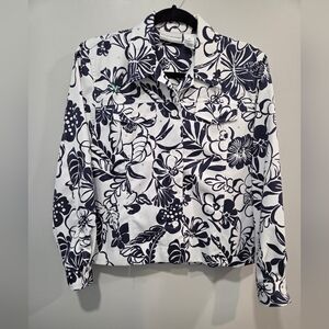 Alfred Dunner Petite Navy White Floral Blouse Rhinestone Embellished Button Down